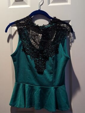 Charlotte Russe Teal Peplum Top with Black Lace Yoke